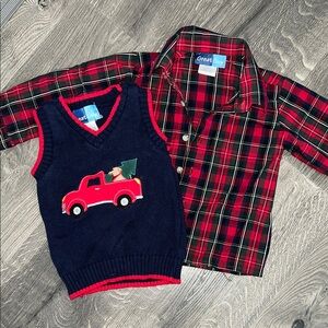 Great Guy Red Plaid Shirt and Navy Vest Set Christmas Holiday